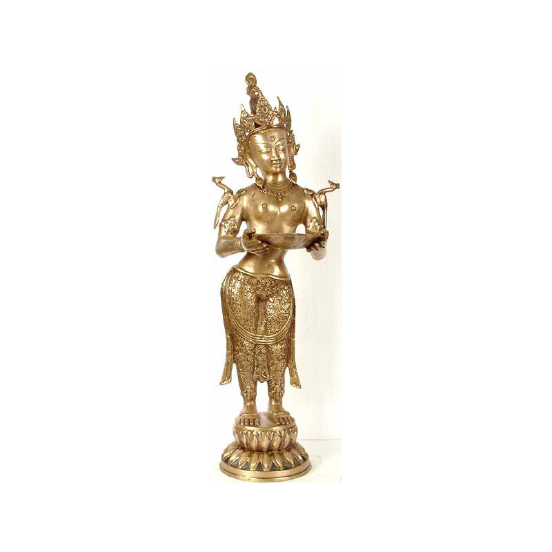 30" Handmade Brass Tara Statue with Oil Lamp – Traditional Indian Goddess Floor Sculpture