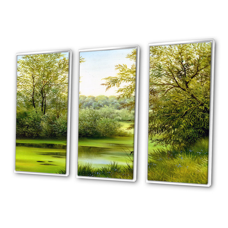 «Beautiful Summer River Through Trees Landscape», ensemble d'art mural sur toile encadré champêtre, Blanc