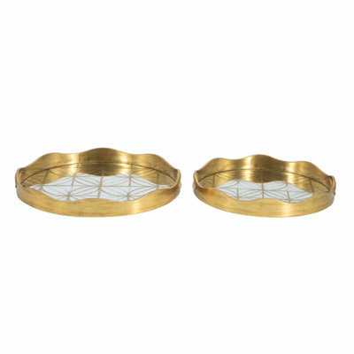 Round Gold Plastic Mirror Trays with Geometric Motif - L:D15.5x1.7" S:D14x1.7"