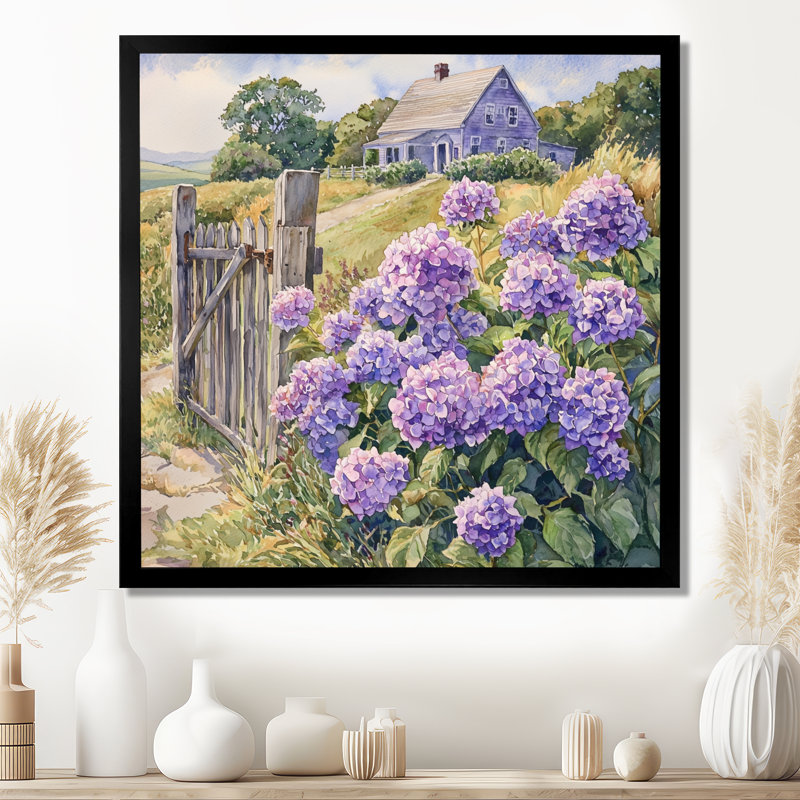 Hydrangées par la clôture de ferme - art mural hortensias, H 16 po x l 16 po, Reproduction encadrée d'une seule photo
