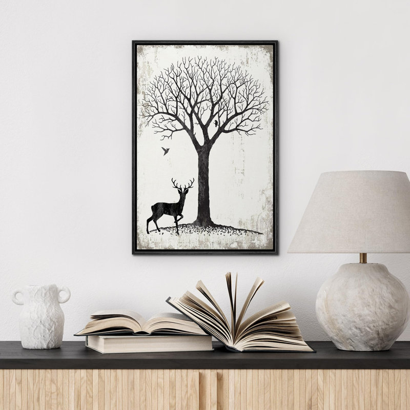 " Black & White Landscape With Tree, Birds & Deer Plants Modern Art Rustic ", Black Floater Framed, 24" H x 16" W
