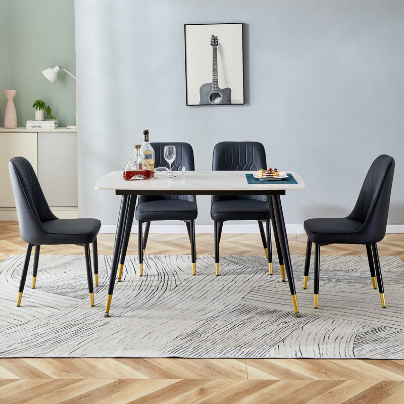 Contemporary Faux Marble 5-Piece 50" Dining Set with Upholstered Chairs, Black, White