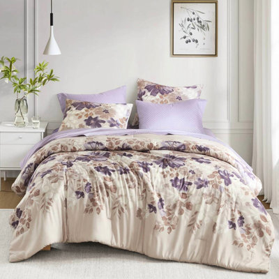 Très grand lit taupe avec édredon - Microfibre brossée douce, taies d'oreiller, motif floral aquarelle