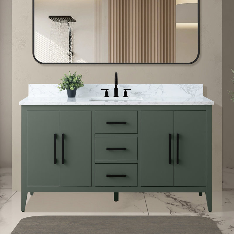 Meuble-lavabo simple 60 po avec plateau en marbre Chambery, Vert rétro, Noir mat