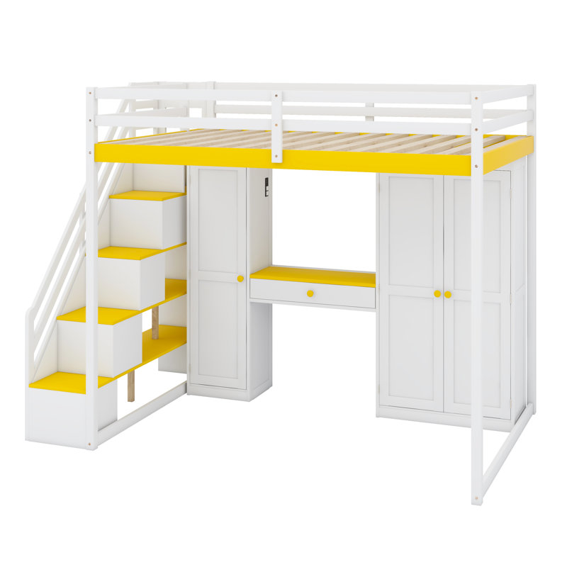 Lit mezzanine multifonctionnel avec rangement pour escalier intégré, coiffeuse, garde-robe, ports USB et lumières DEL