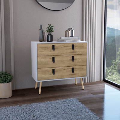 Commode H 29 po, commode 3 tiroirs avec poignées et pieds en bois, blanc / Macadamia