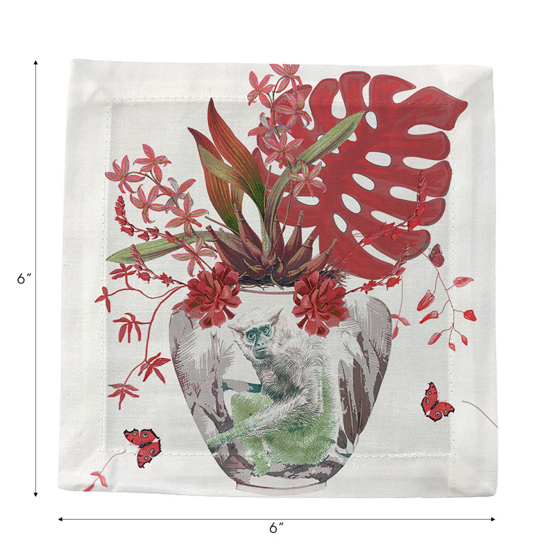 Monkey Large Jungle Cotton Sateen Cocktail Napkins, Cherry