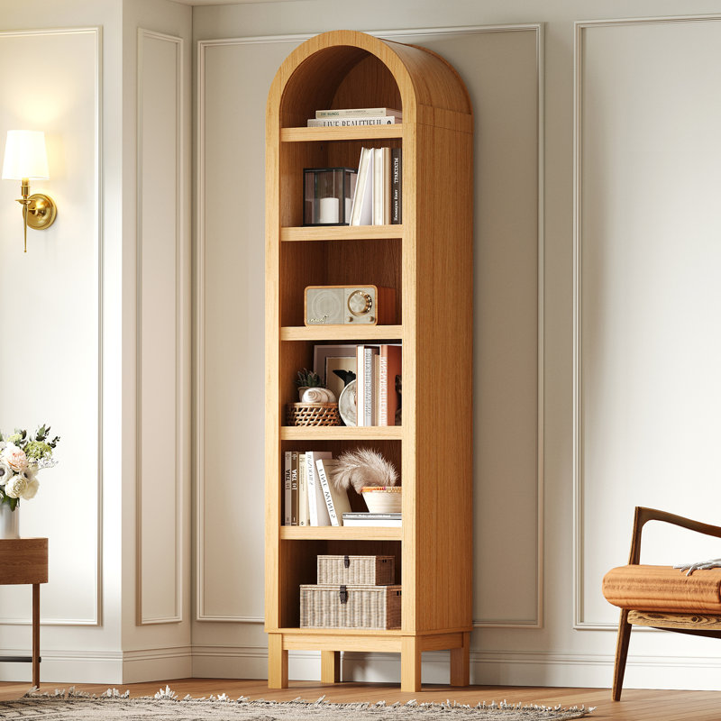 6-Tier Arched Storage Bookcase with 2 Adjustable Shelves,Wood Bookshelf Open Display Shelves for Living Room,Entryway,Bedroom,Natural,Assembly Require