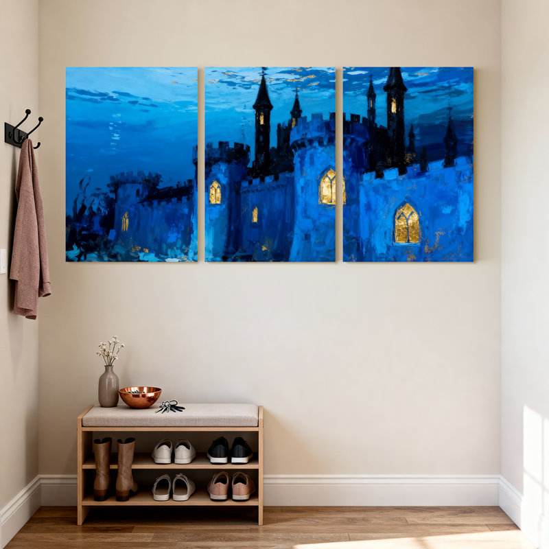 Ensemble de 3 impressions sur toile Blue Castle Night Sky Reflection Lights Tower, H 30 po x l 60 po