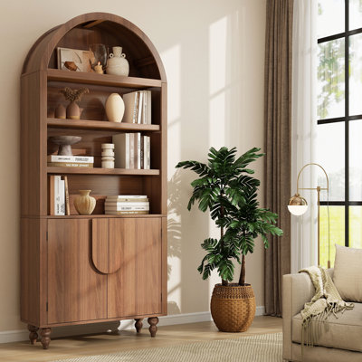 71" Tall Arched Bookshelf with Storage Cabinet, Modern Wood Display Bookcase with Arched Top, 3 Adjustable Open Shelves, 2 Doors Cabinet, for Living Room, Office, Bedroom, Walnut