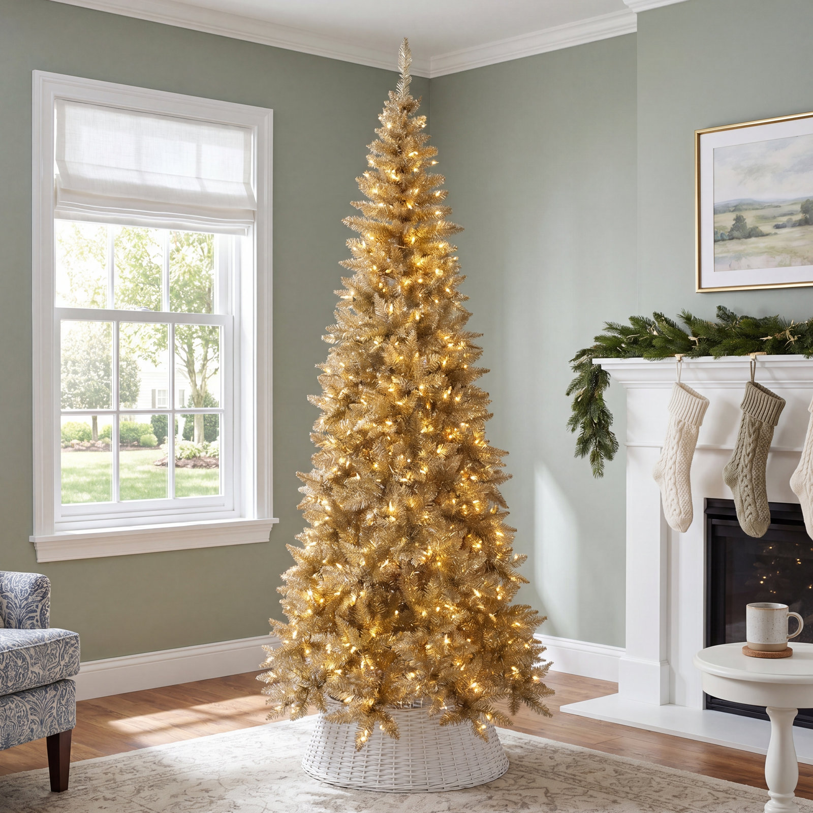 Champagne Tinsel Fir Pre-Lit Christmas Tree, 9' H, Warm White LED