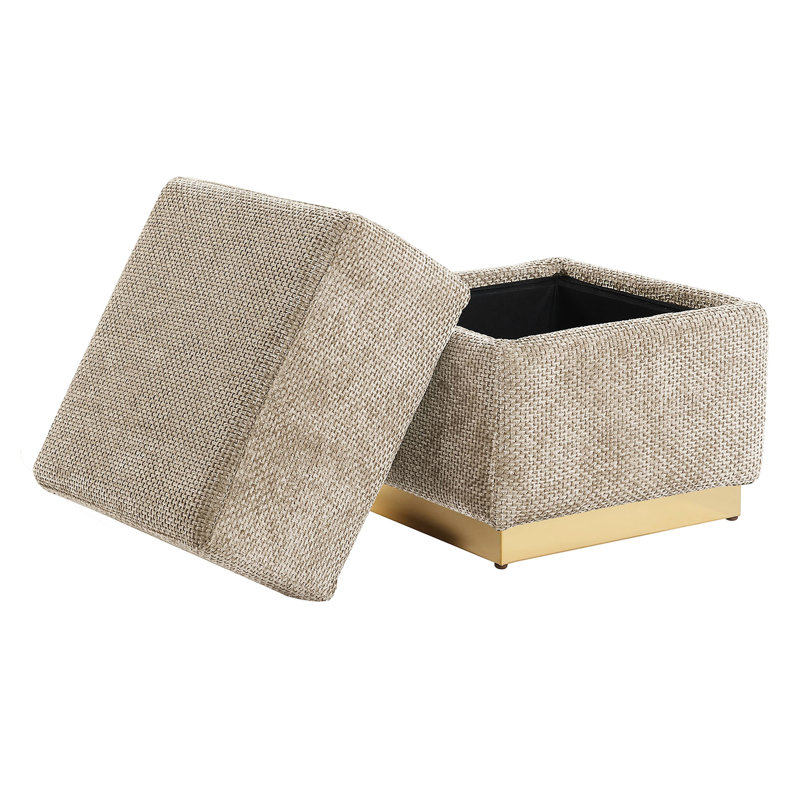 Tabouret de rangement contemporain gris argenté en tissu chenille avec base dorée pour la finition du salon