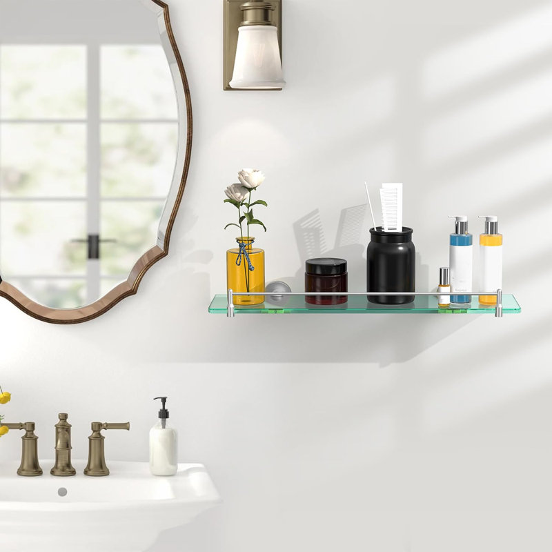 20 Inch Brushed Nickel Floating Glass Bathroom Shelves - Tempered Glass Wall Mount Stainless Steel Modern Design