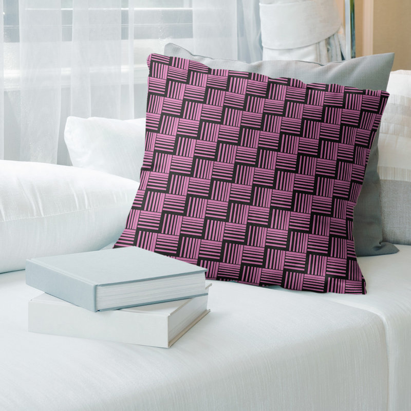 Rayures tressées contrastantes Coussin décoratif, 16 po x 16 po, Polyester / bourre de polyester, Rose foncé