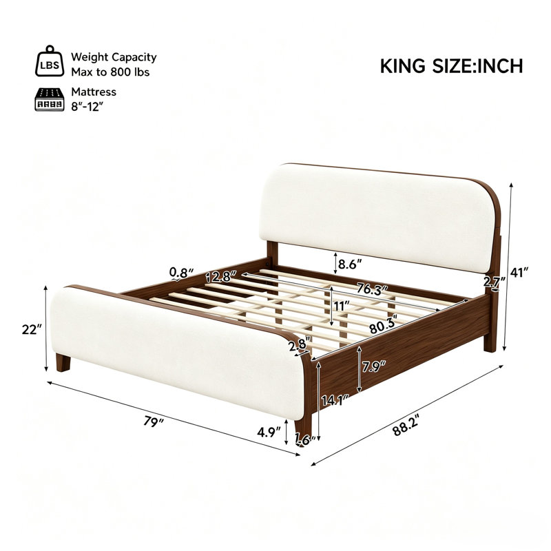 Cadre de lit plateforme Yelton Modern Boucle avec tête et pied de lit arrondis, pieds en pin pour une chambre à l'ambiance feutrée