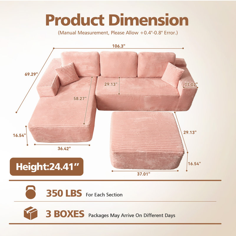Boneless 106.3" Boneless Floor L-Shaped Sectional Sofa With Ottoman, No-Assembly Cloud Couch For Modern Living Spaces