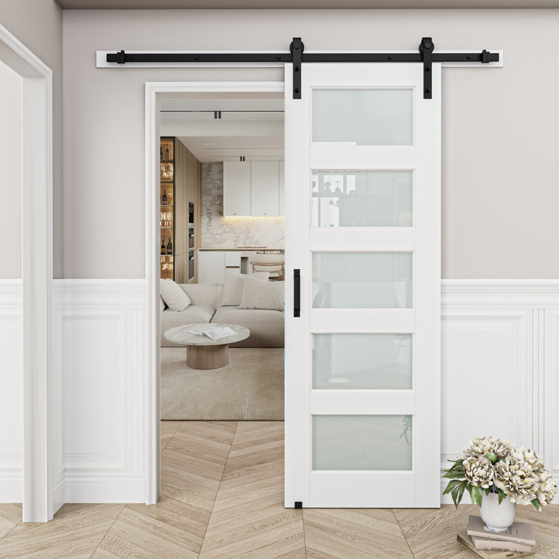 5-Lite Frosted Glass White Primed Sliding Barn Door with Installation Hardware Kit(No Assembly Required), 32" x 80"