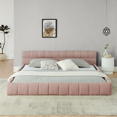 Structure de lit très grand avec chenille épaisse - tête de lit tapissier moderne rose sans sommier 88,5 po x 85,5 po x 24 po