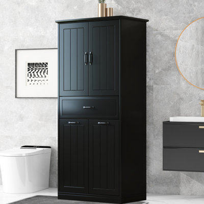 Armoire à linge avec deux paniers à linge avec deux sacs en tissu, armoire de rangement avec portes et tiroir