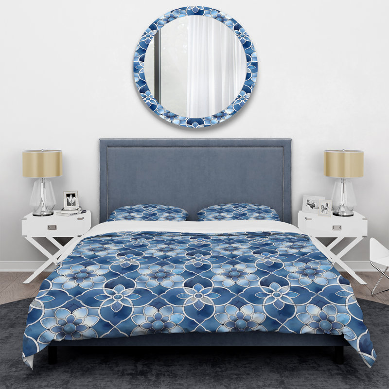 Ensemble de housse de couette moderne bleu et blanc à motif quadrilobe II, Housse de couette très grand et 2 très grandes t