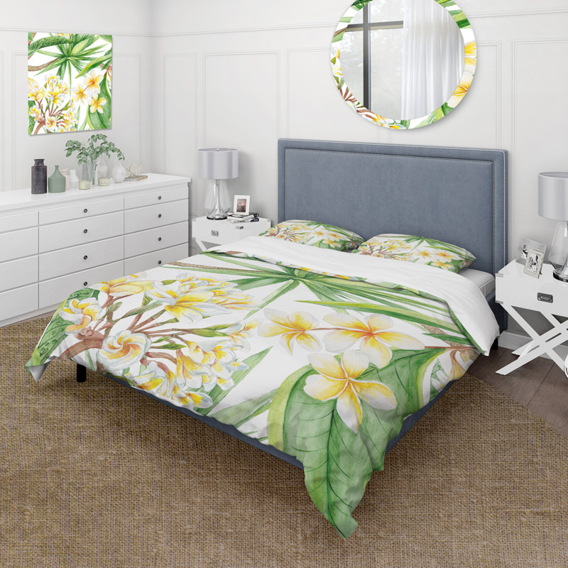 Feuillage tropical et fleurs jaunes I - Ensemble de housse de couette moderne - Microfibre de polyester