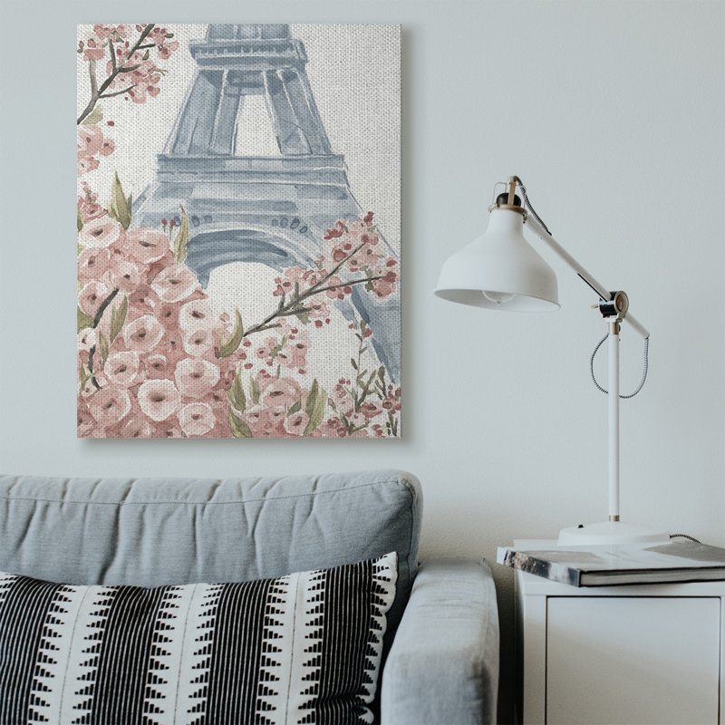 «Paris Flowers Eiffel Tower Pink Blue», reproduction d'art, H 36 po x l 48 po x P 1,5 po, Toile tendue