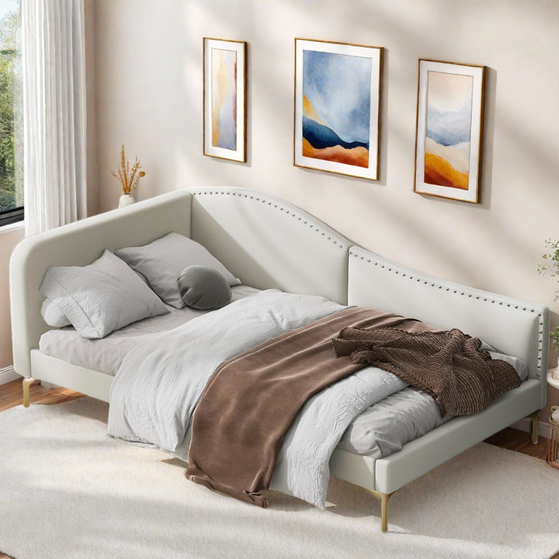 Upholstered Daybed With Headboard And Armrest, Beige, Twin