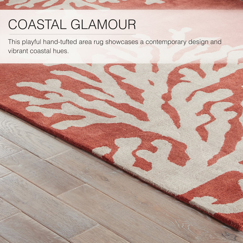 Coastal Seaside Wool Floral Area Rug in Orange, Rectangle 8' x 11'