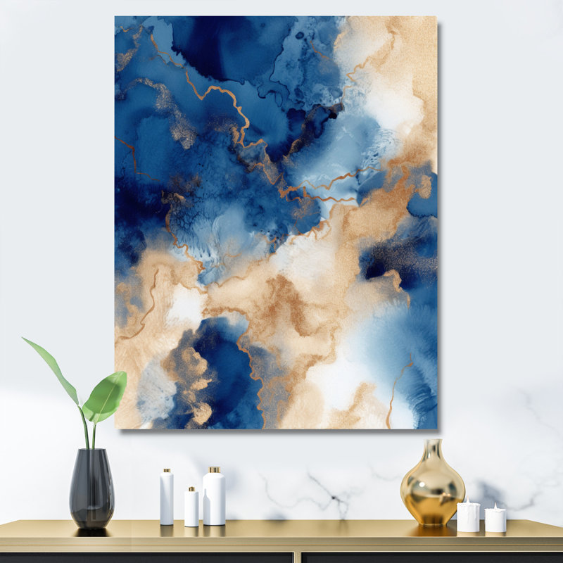 Bleu et nuages de marbre dorés, Toile tendue, H 32 po x l 24 po x P 1 po