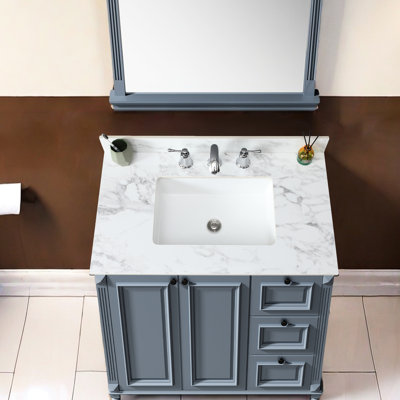 Bathroom Vanity Countertop 37"X22" - Sintered Stone White, Rectangular Undermount Ceramic Sink, Easy To Install, Modern Look Sink Top White With Basin 3 Faucet Holes For Elegant Design