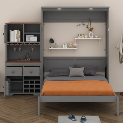 Grand lit escamotable avec armoire de rangement, support à vin, porte-verre, tiroirs, lit plateforme pliable avec bande DEL