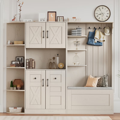 Armoire de vestibule multifonctionnelle de gauche à droite (peut être utilisée séparément) avec rangement et 4 crochets, armoire de rangement / arbre d'entrée 2 en 1 pour le salon, la cuisine et le couloir, beige antique