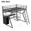 Lit mezzanine double en métal pleine grandeur avec poste de travail intégré, garde-robe ouverte, DEL et rangement multiple, noir
