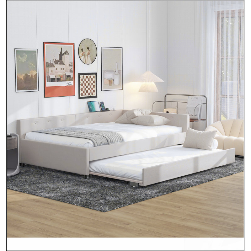 Lit plateforme tapissier avec port USB et lit gigogne simple