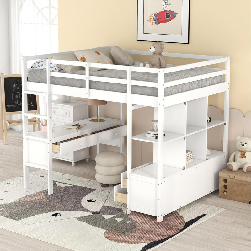 Erjon Kids Loft Bed with Drawers, White, Full
