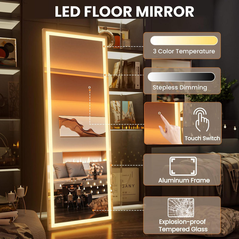Full-length mirror with light, full-length dressing stationary, White, 71" x 28"