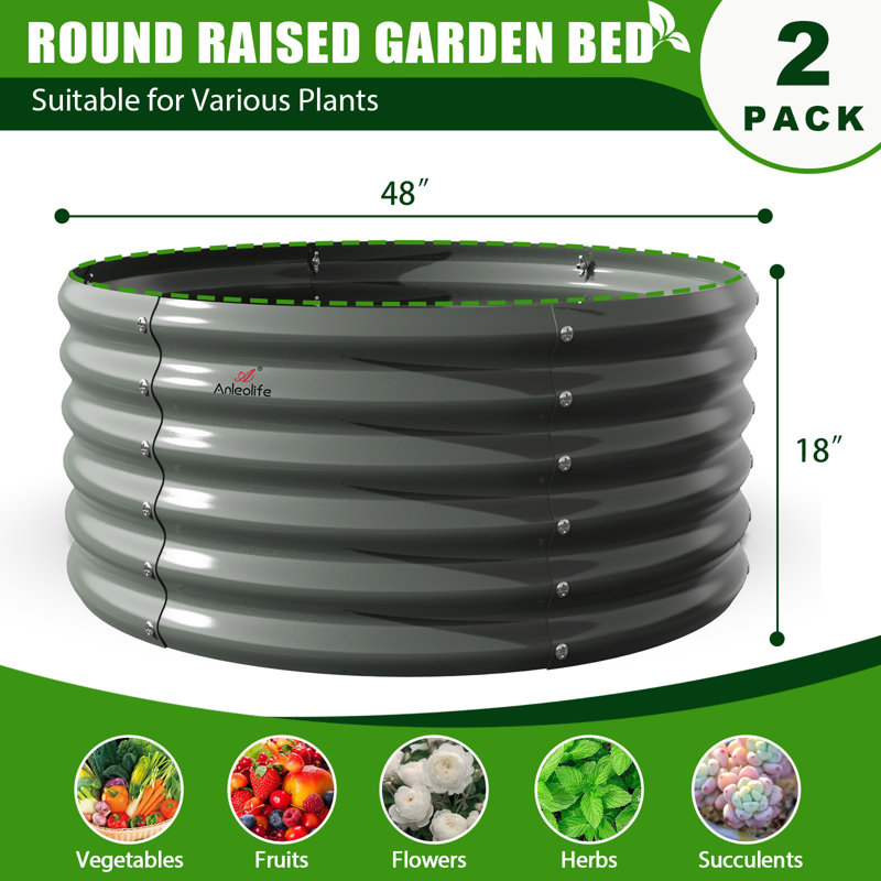 2-pack Gray Metal Round Raised Garden Bed Planter Box For Planting Vegetables Flowers (48 In. L X 48 In. W X 18 In. H), Gray