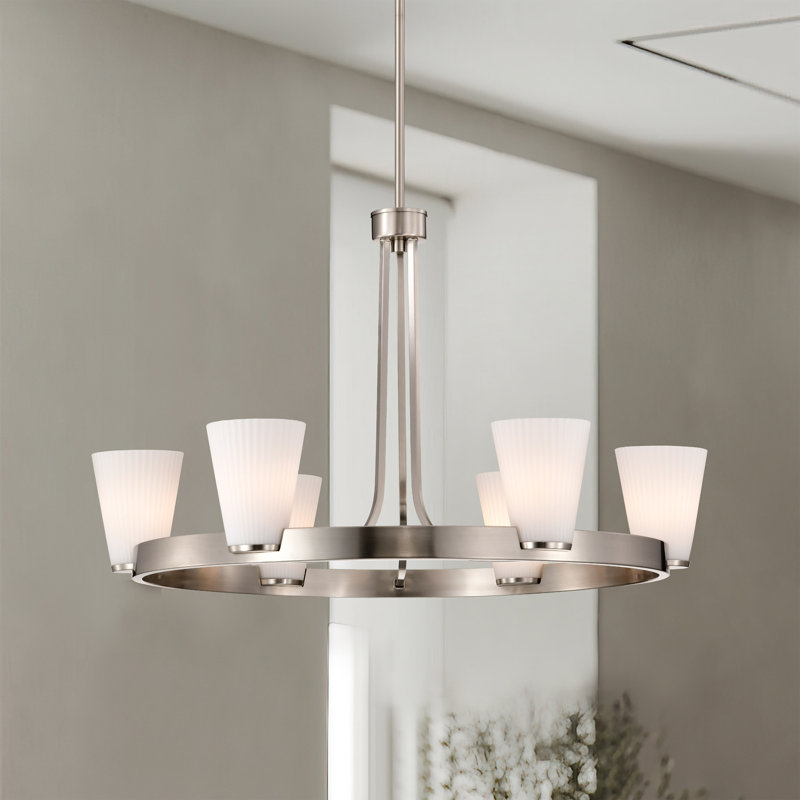 Royale - Lustre - Verre blanc nervuré, 5 lumières, Nickel brossé, H 18,25 po x l 30 po x P 30 po