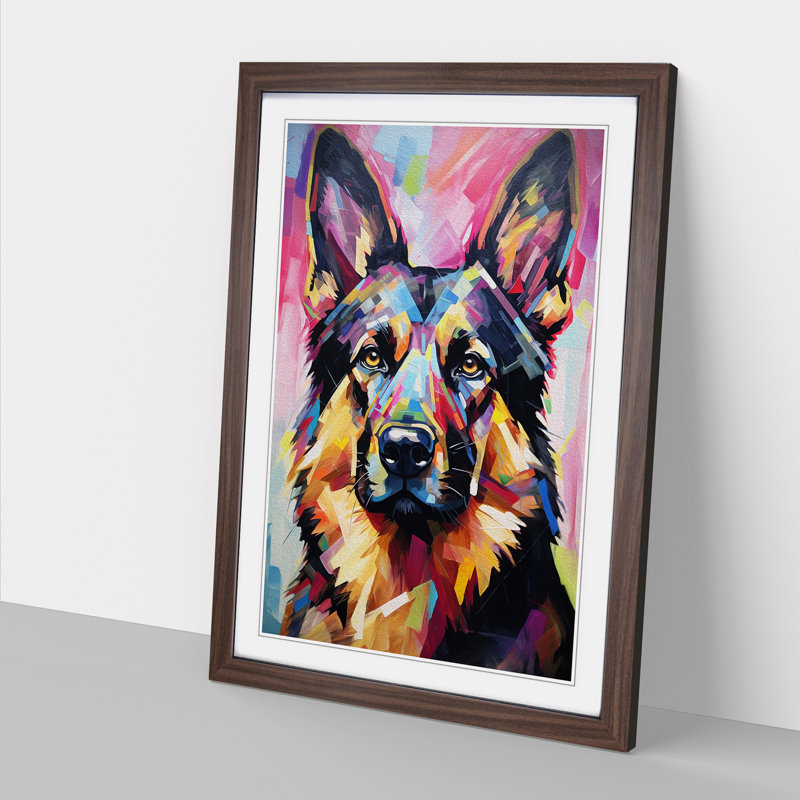 German Shepherd Expressionism No.2 - Single Picture Frame Print on Wood, Walnut, 64cm H x 46cm W x 2cm D