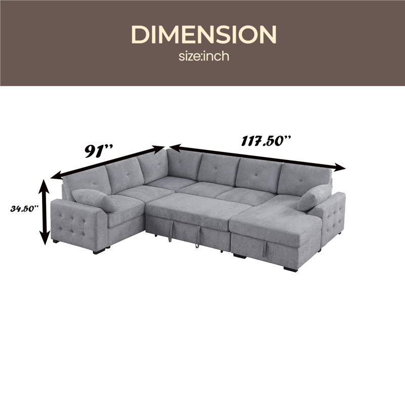 Canapé d'angle multi-fonctionnel en forme de L avec rangement et lit convertible, Tissu gris pâle