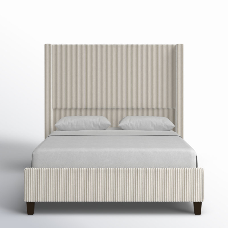Cream Queen Corduroy Upholstered Bed with Wingback Headboard