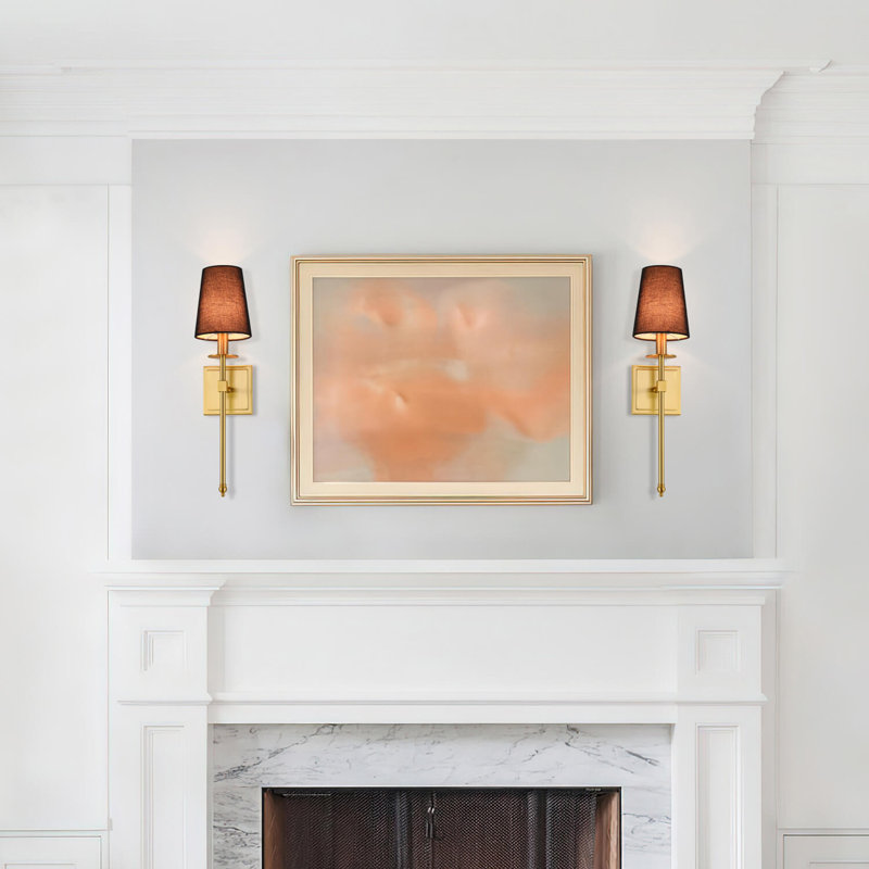 Modern Hardwired Set of 2 Brass Wall with Black Fabric Shade for Bedroom Living Room Hallway