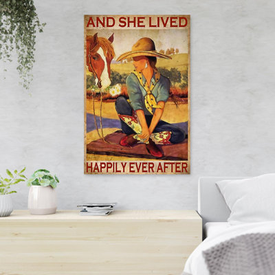 «Girl & Her Horse - And She Lived Happily Ever After», reproduction d'art rectangulaire sur toile tendue 1 pièce