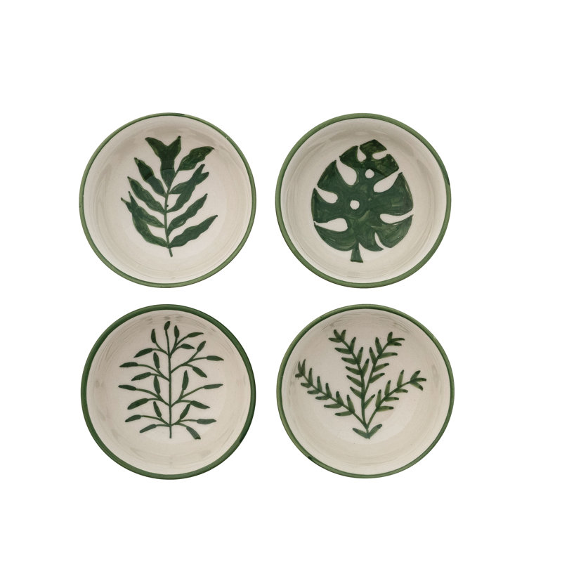 Hand-Painted Stoneware Bowls With Botanical Interior
