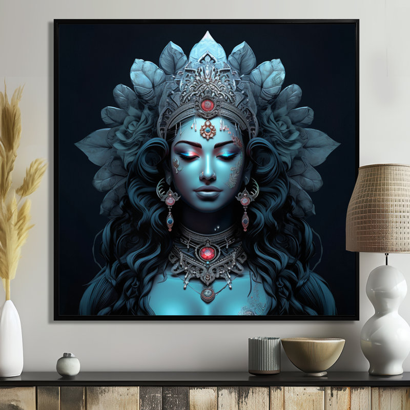 Bleu Shiva Compassion - Hindouisme, art mural, Toile avec cadre flottant noir, H 16 po x l 16 po x P 1 po