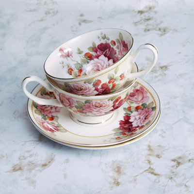 Grace Teaware Peony and Strawberry  Cream Collection Teacups and Saucers