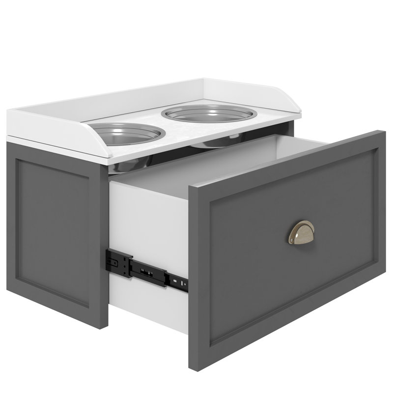 Large Elevated Dog Bowls with Storage, Raised Dog Bowl Stand, Grey, Gray/White