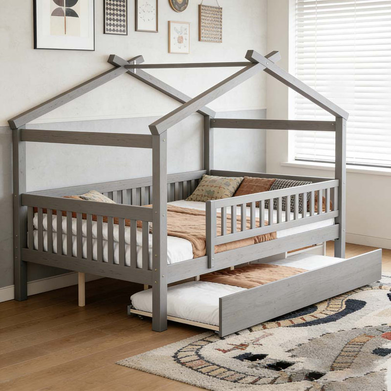 Lit gigogne en bois, Lit double, Gris