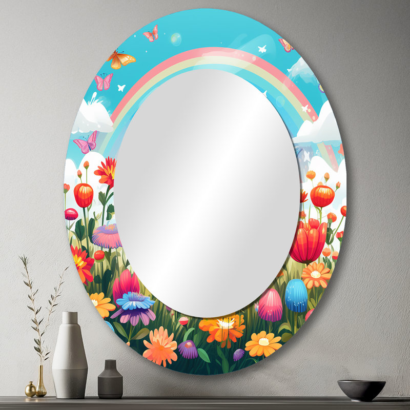 Mauve Butterfles Idyllic Rainbow Flowerfield - Miroir mural multicolore, 43" x 33"