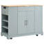 Îlot de cuisine cannelé K&K avec armoire de rangement pour poubelle, prise de courant, support de rangement interne, îlots de cuisine roulants sur 5 roues avec 3 tiroirs, 3 supports latéraux ouverts pour poubelle de 10 gallons, gris-bleu-129171819